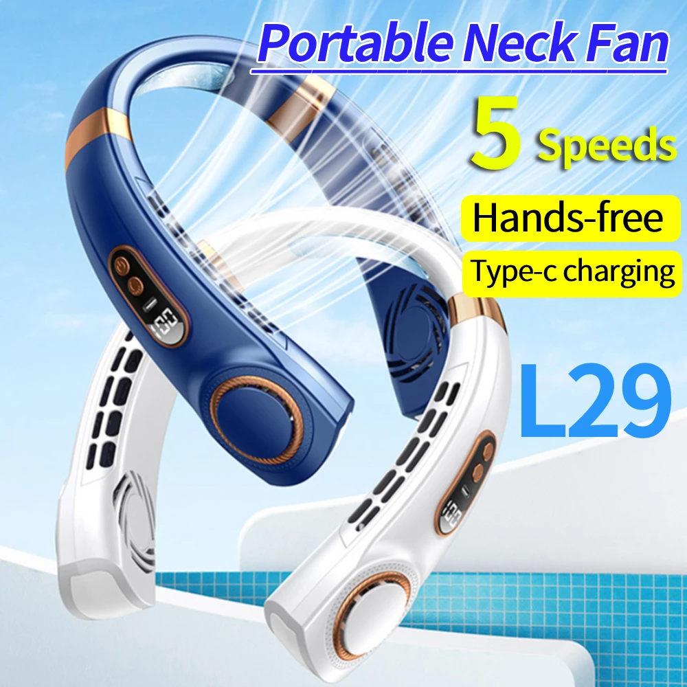 Stummschaltender persönlicher USB-Ventilator, LED-Digitalanzeige, 5 Geschwindigkeiten, wiederaufladbar, blattloser tragbarer Nackenventilator für Zuhause, Schule, Büro
