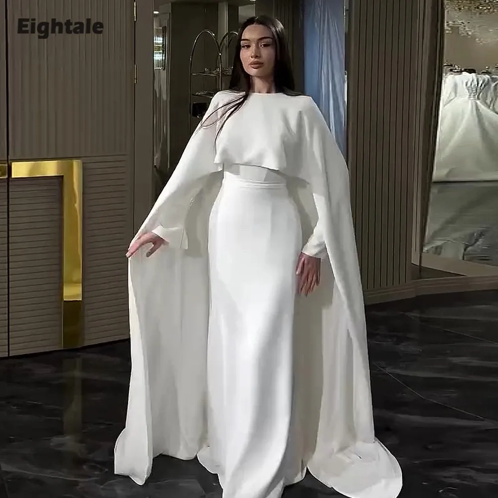 Eightale Arabisches Hochzeitskleid, maßgeschneidert, weiß, elfenbeinfarben, O-Ausschnitt, lange Ärmel, Meerjungfrau, muslimisches Satin-Brautkleid, Robe De Mariée