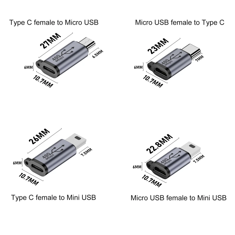 Adaptador de conector tipo C hembra a Micro USB hembra, tipo C hembra a Mini USB, Micro USB hembra a Mini USB