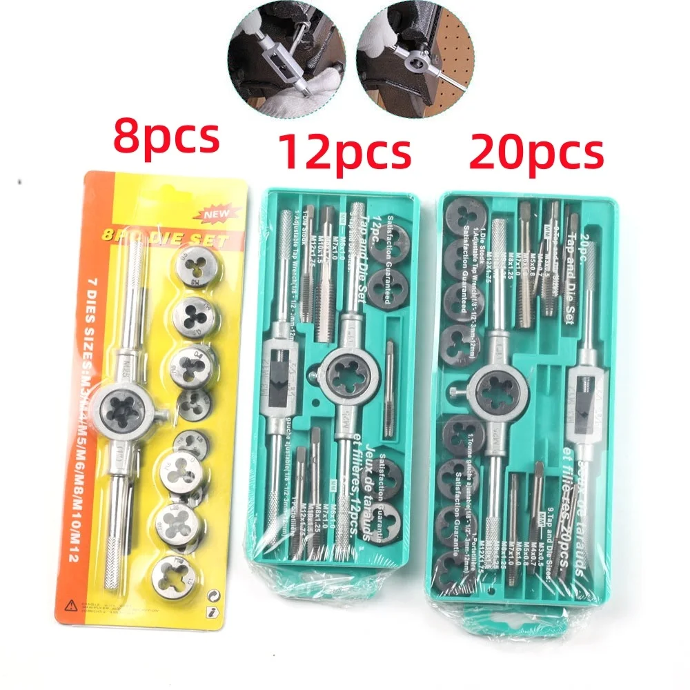 Multifunction Tap and Die Set 8/12/20Pcs M3-M12Metric Screw Thread Plugs Hand Screw Taps Straight Taper Tapping and Thread Tools