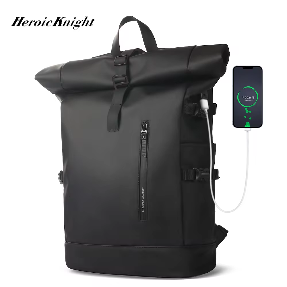 Mochila Heroic Knight para hombre, Mochila enrollable impermeable, Mochila de viaje para mujer, bolsa para ordenador portátil de gran capacidad con carga USB expandible
