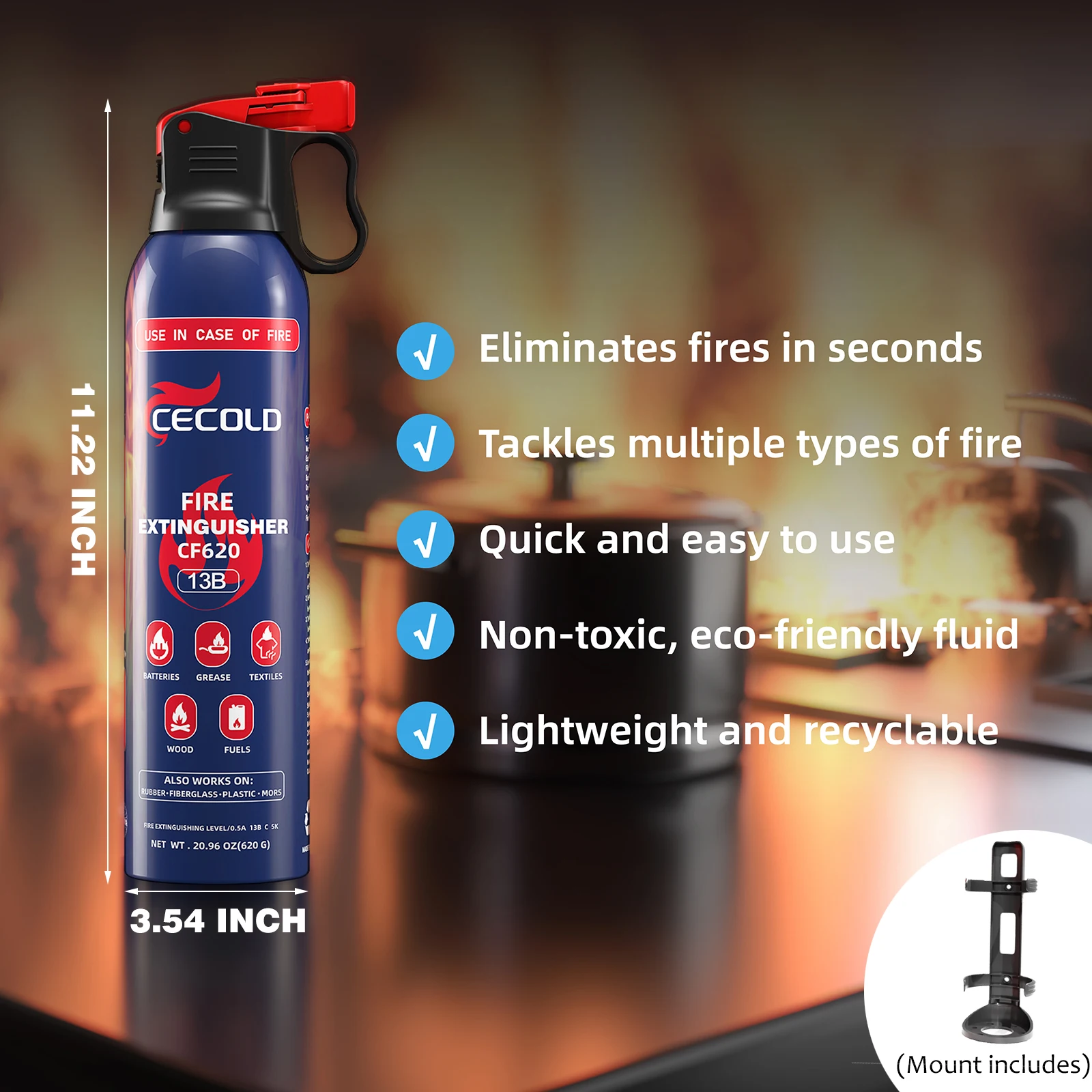 Fire Extinguisher for Home,Mini 5-in-1 Fire Spray With Mount,Water-Based Fire Extinguishers,Can Prevent Re-lgnition