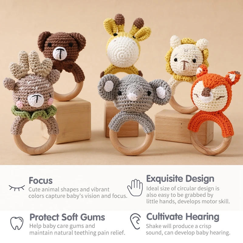 1Pc Bé Bằng Gỗ Rattle Shaker Đồ Chơi Crochet Sư Tử Con Hươu Cao Cổ Gỗ Bé Rattle Mọc Răng Nhẫn Montessori Động Vật Sơ Sinh Rattle Đồ Chơi quà Tặng
