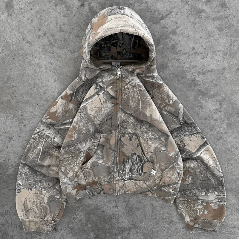 Y2K 레트로 지퍼 업 까마귀 남성 위장 패턴 지퍼 스웨터 하이 스트리트 힙합 streetwear 대형 유니섹스 카모 까마귀