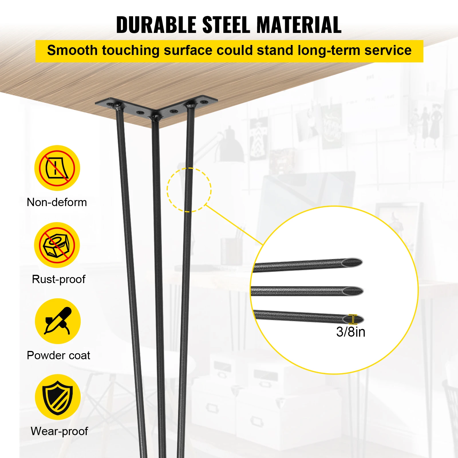 SucceBuy Haarnadel-Tischbeine, schwarz, 4er-Set, Schreibtischbeine, 3 Stangen für Bank, Schreibtisch, Esszimmerstühle, Kohlenstoffstahl, DIY, robuste Möbel