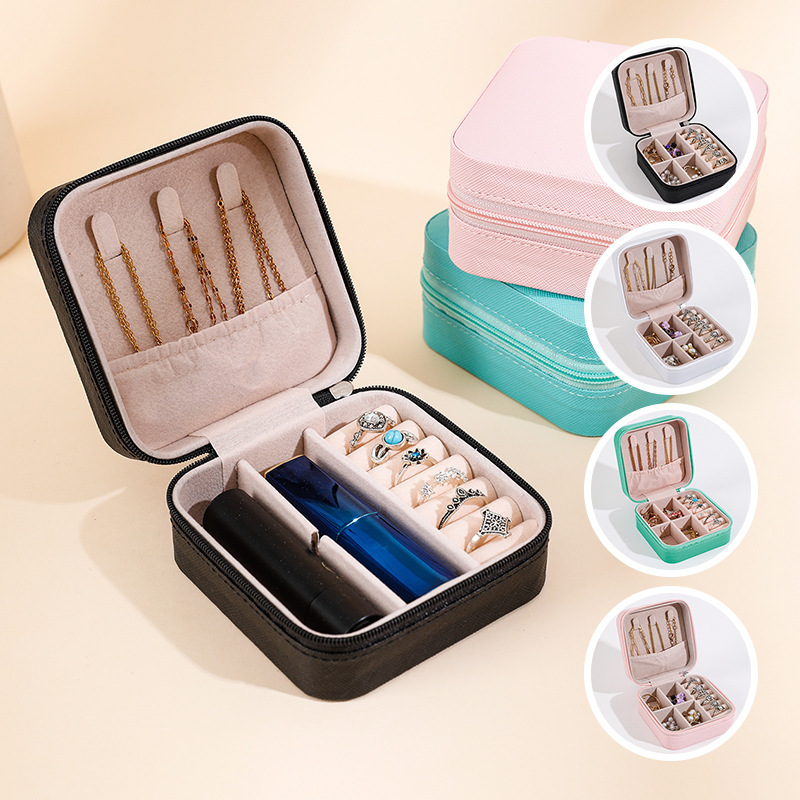 Portable Mini Jewelry Storage Box for Women - PU Leather Organizer Case for Earrings Necklaces Rings - Home Travel Display Case