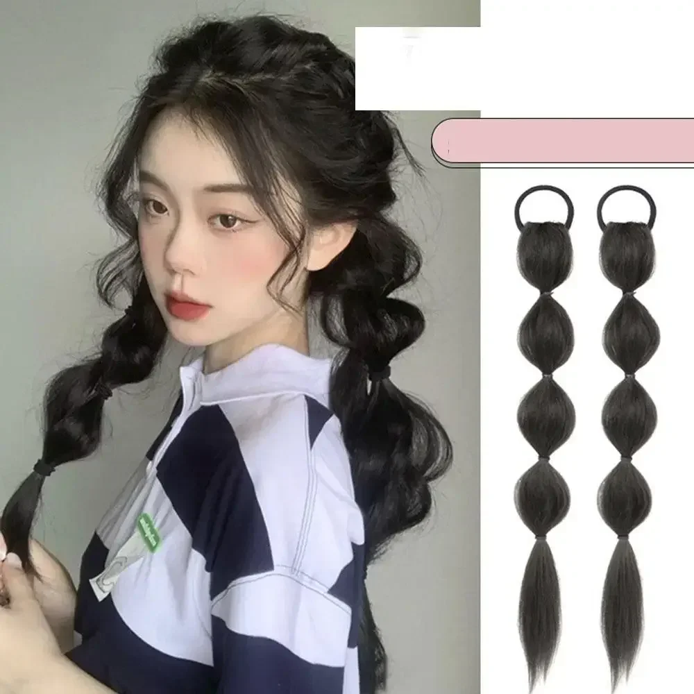 Peluca sintética trenzada de burbujas para mujer, extensión de cabello de cola de caballo doble, pelo de simulación dulce y fresco, peluca artificial de temperamento Natural