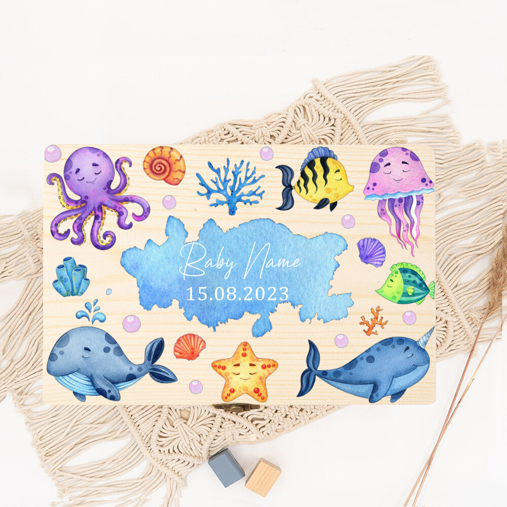 Caixa de memória personalizada para bebês, caixa de madeira com animais da floresta, presente para recém-nascidos, estatísticas de nascimento infantil, caixa de armazenamento para bebês