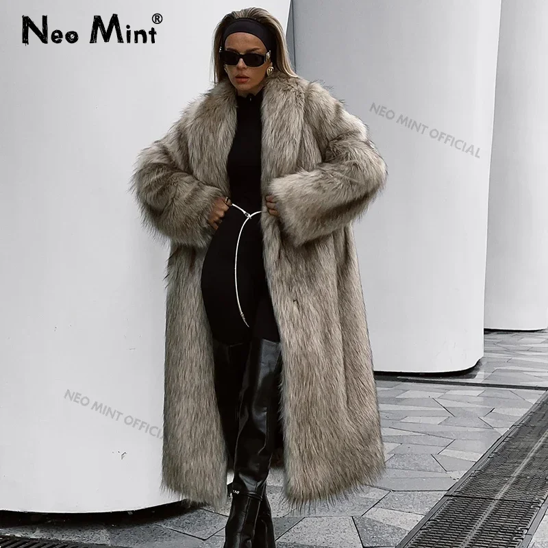 Neo Mint 2024 Winter Lange Eco Pelzmantel Frauen Luxus Mob Frau Ästhetischen Flauschigen Farbverlauf Faux Fuchs Pelz Jacke Weiblichen Pelzigen mantel
