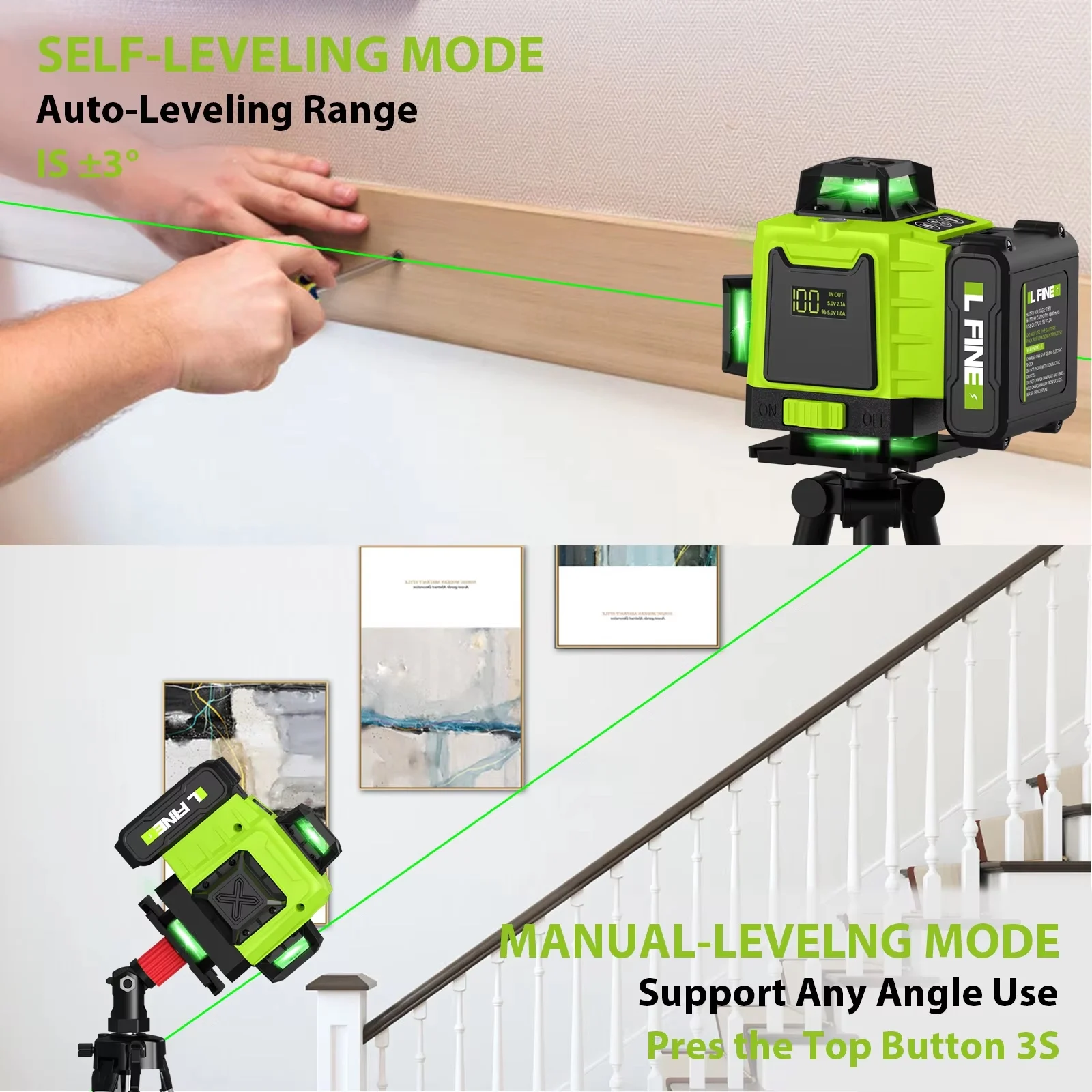 Lfine 4D 16 Linee 360 ° Livelle laser autolivellanti con treppiede e valigia Strumento di livello laser professionale orizzontale e verticale