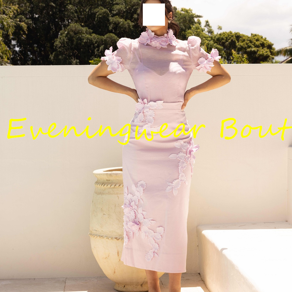 Personalizado clássico em linha reta chá comprimento gola alta camisa mangas curtas apliques vestido de noite moda vestidos para mujer