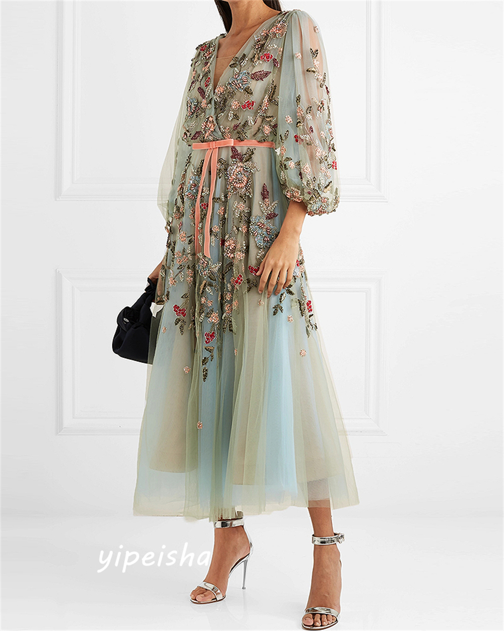 Personalizado clássico estilo moderno formal noite com decote em v a linha apliques tule sob medida ocasião vestido de noite