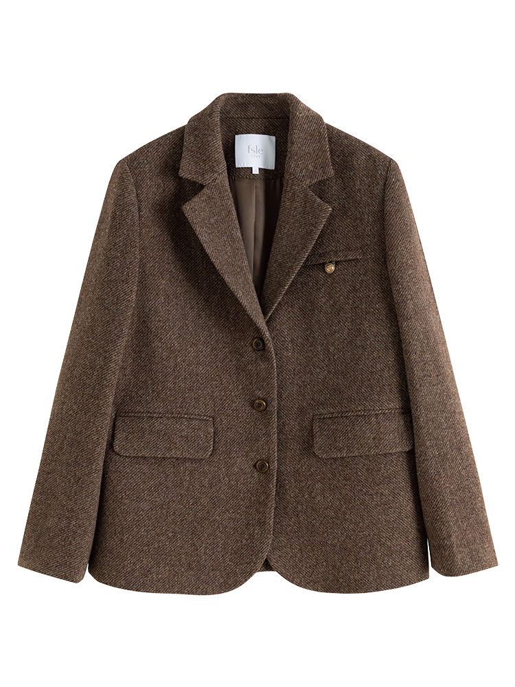 FSLE Retro-Klassiker-Stil, 100 % Wolle, Anzugjacke für Damen, 2023, Nischendesign, Winter, Pendler, braune Woll-Sets, weiblich