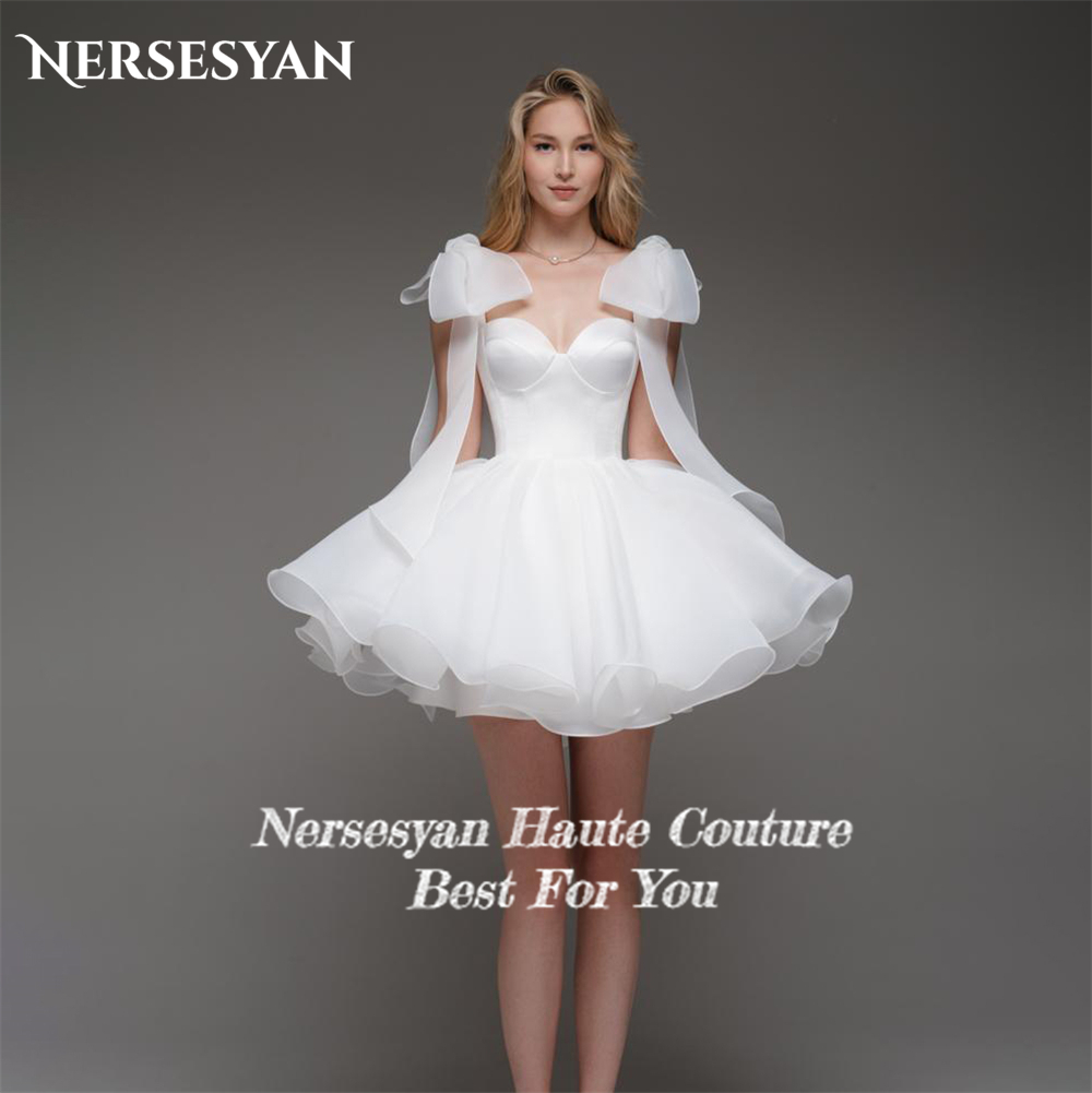 Nersansyan-背中の開いたシフォンのウェディングドレス、ミニAラインブライダルガウン、ソリッドボウストラップ、ノースリーブの花嫁のドレス、背中の開いた、ピンセット