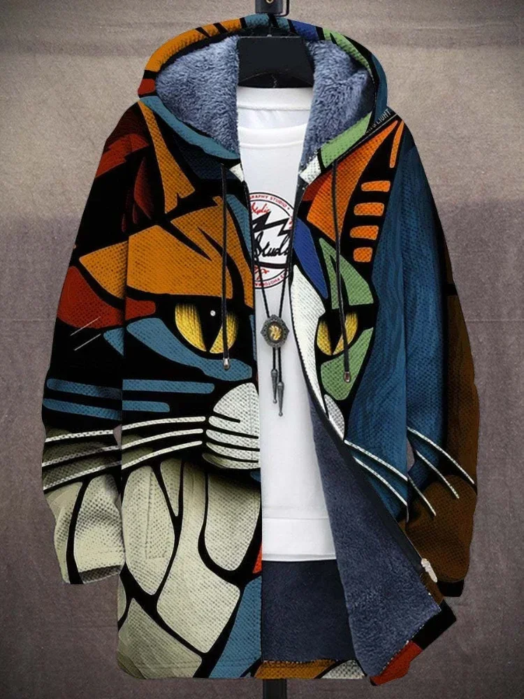 Cárdigans para hombre, abrigos acogedores con estampado de gatos y gatitos, ropa de calle informal gruesa de felpa de lana media para invierno, ropa Unisex