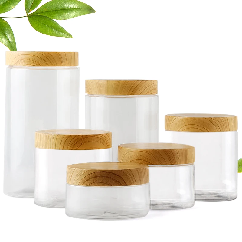 100Ml 200Ml 300Ml 500Ml Rỗng Rõ Ràng Cho Thú Cưng Bình Có Hộp Đựng VớI Giả Vân Gỗ Nắp Đậy Bình Nhà nhựa Gia Vị Bình