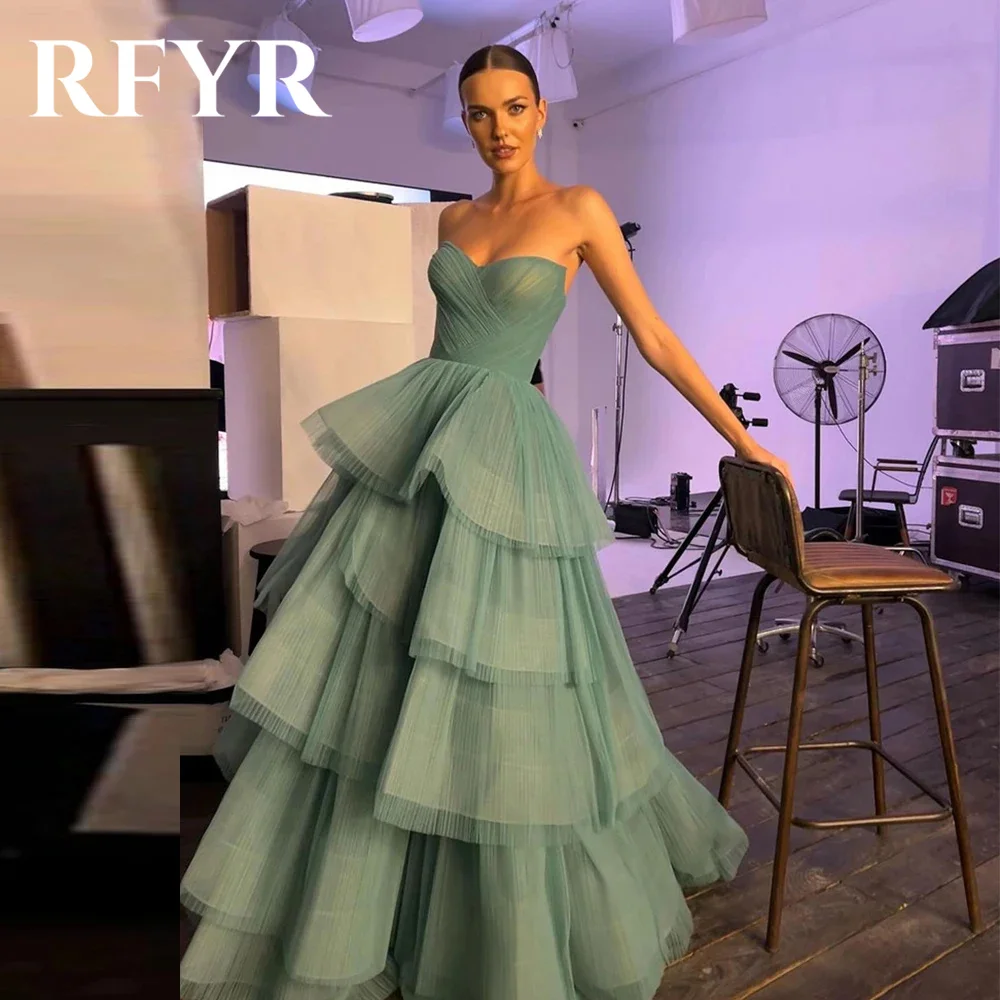 Rfyr grüne Abendkleider a-Linie Tüll Frauen Abschluss ball Kleid Prinzessin gestufte Falte Schatz formelle فساتين مناسبة رسمية angepasst