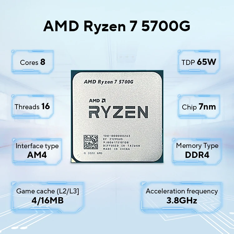 AMD Ryzen 7 5700G 3.8GHz Base Clock 8-Core 16-Thread Desktop Processor CPU, AM4 Socket, AMD Radeon Graphics, No Heatsink Fan