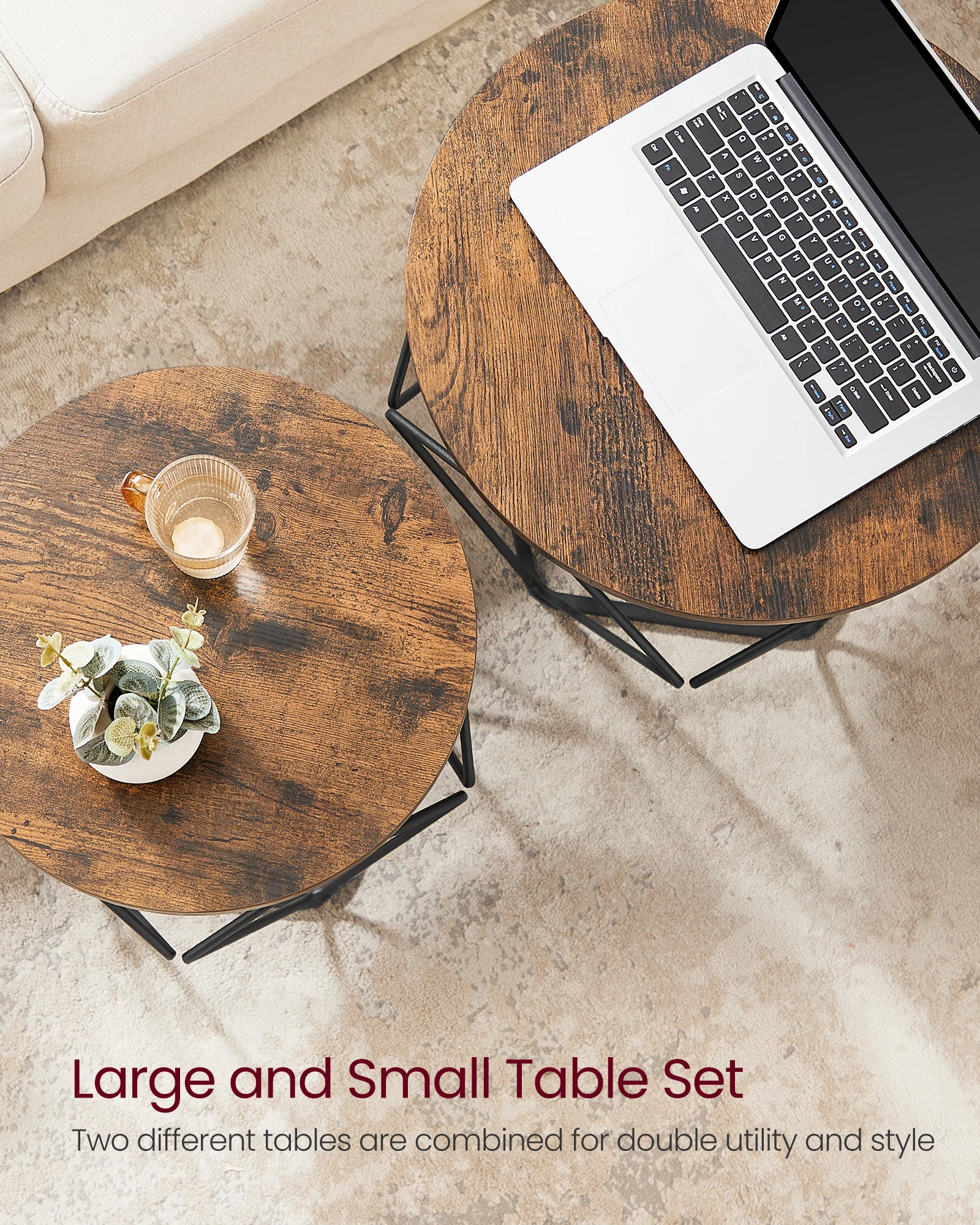 VASAGLE Round Coffee Table, Set of 2, Side Table, Sofa End, Modern Style, Removable Top, Steel Frame, for Living Room