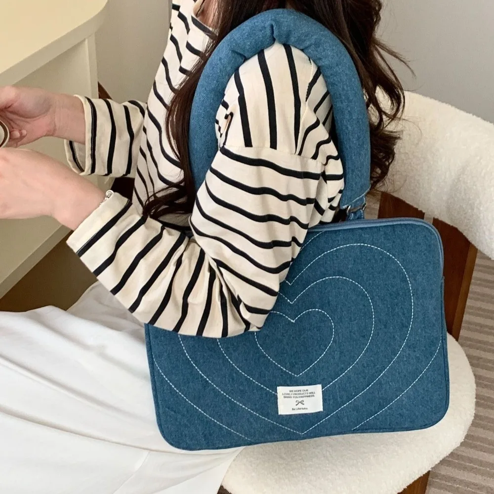 Washed Denim Bow Business Briefcases Embroidered File Folder Document Tote Bolsas Large Capacity Love Heart