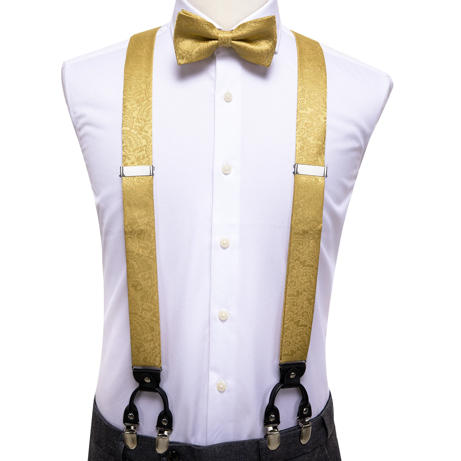 Hi-Tie Jacquard tejido seda oro hombres tirantes pajarita pañuelo gemelos conjunto para hombres ajustable elástico Galluses para hombres