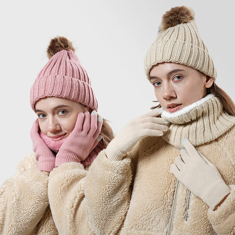 3 unids/set de gorro tejido para mujer, bufanda, guantes, gorro de invierno para adolescentes y niñas, traje más cálido con orejas cálidas, conjunto de gorro para mujer al aire libre