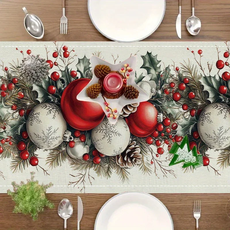 Christmas Balls Pine Cone Red Berry Linen Table Runner for Table Decor Winter Xmas Botanical Table Runners Christmas Decorations