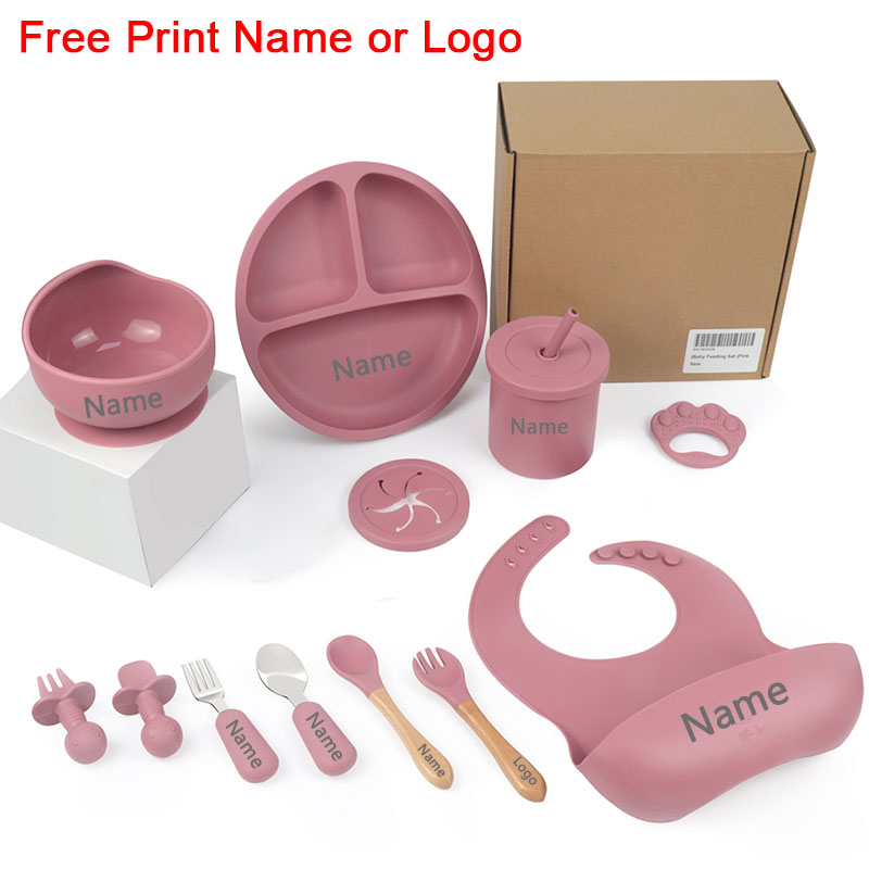 11 pçs conjuntos de alimentação de silicone para o bebê nome personalizado utensílios de mesa das crianças ventosa placas tigela colher copos de alimentação bpa livre