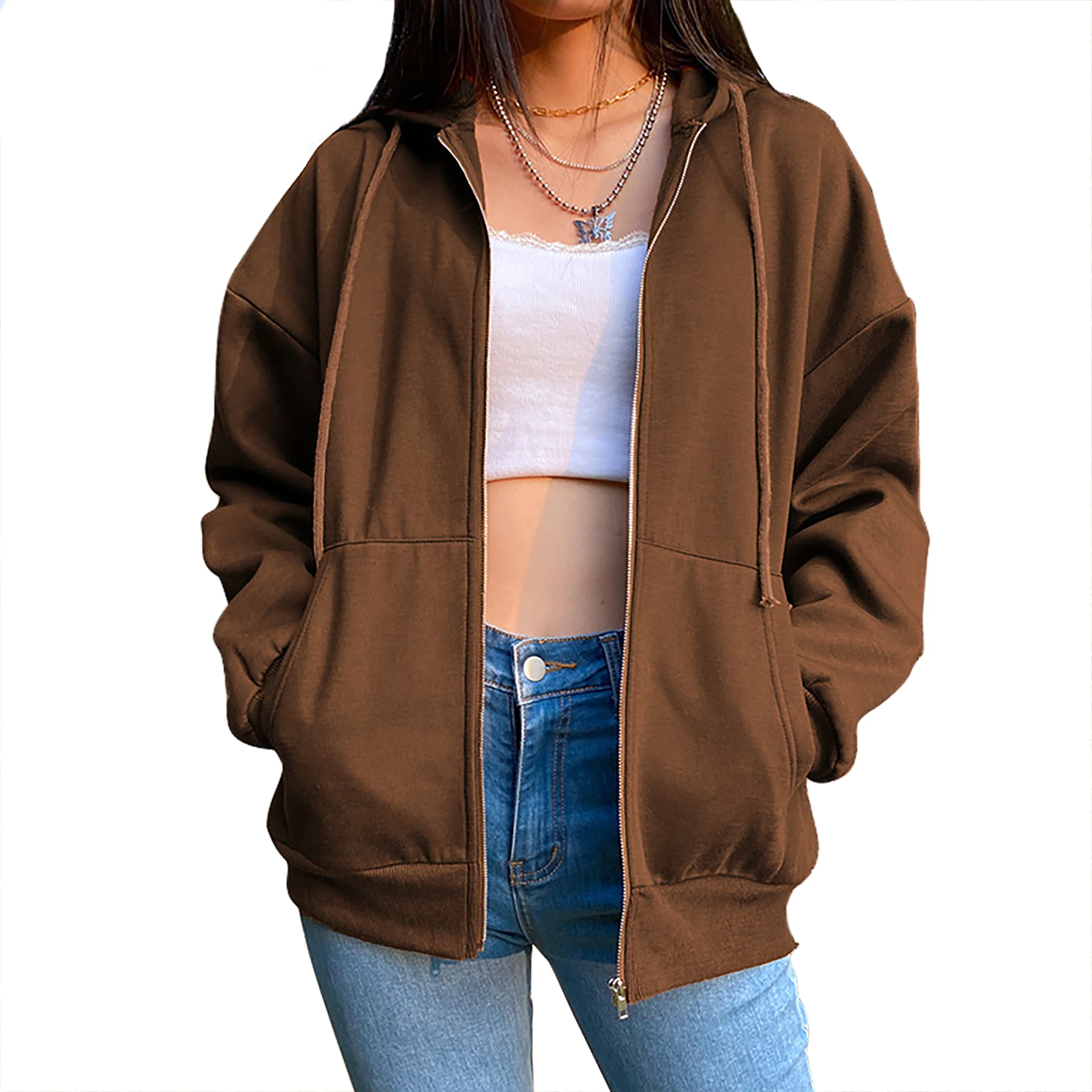 2024 Sudadera para mujer, cárdigan con cremallera, Sudadera con capucha, moda informal, versátil, abrigo de Color sólido, deporte de Fitness, trote, ropa superior para mujer