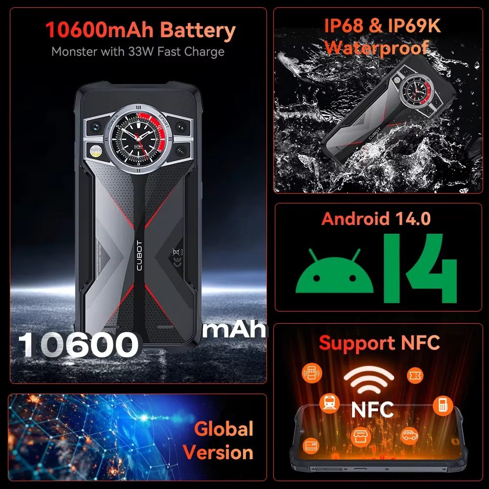 Smartphone robusto Cubot Kingkong 9-24Go + 512go-10600mAh (33W)-100MP-tela dupla "+ 1,32" - NFC GPS Dual SIM 4G