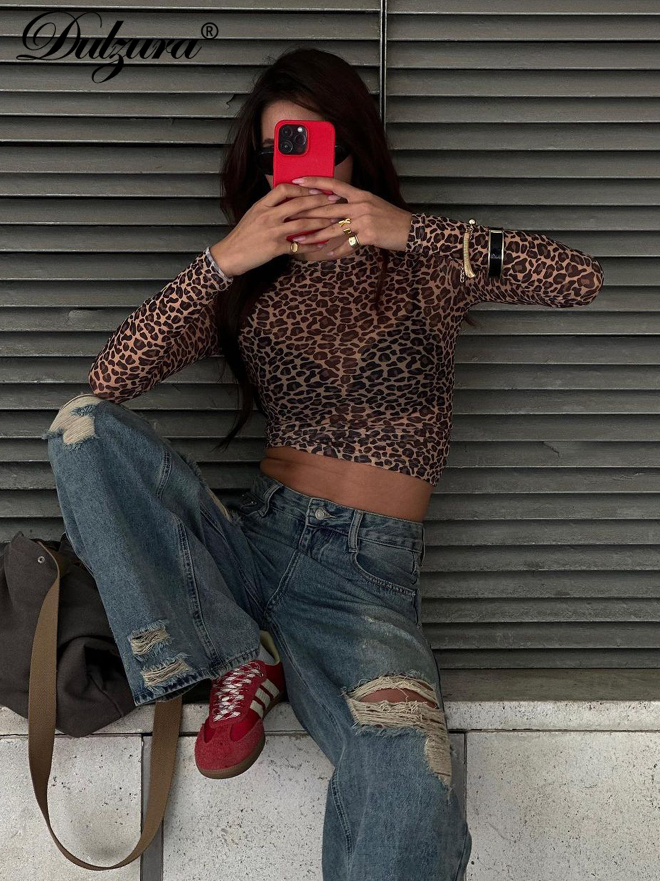 Dulzura セクシーな長袖トップスメッシュ Tシャツヒョウプリントボディコン女性服レディパーティークラブストリートカジュアルナイトアウト Y2K