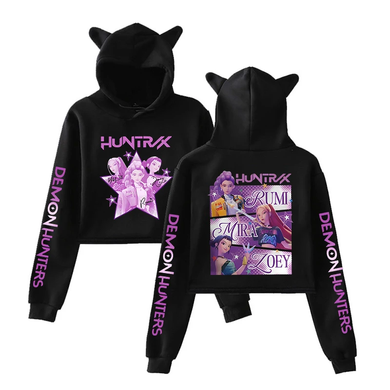 K-pop caçadores de demônios mira rumi zoey gato recortado hoodies feminino manga longa com capuz pulôver colheita topos casuais streetwear roupas