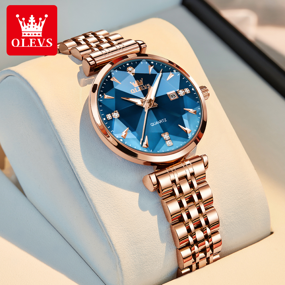 Olevs Dameshorloges Mode Elegante Ruitvormige Spiegel Origineel Quartz Polshorloge Waterdichte Band Datum