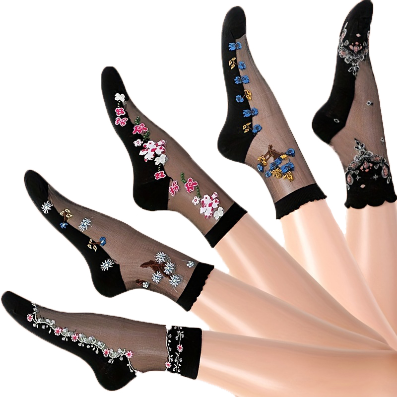 5 pares de calcetines de tubo medio con estampado Floral de malla, calcetines cortos finos de cristal, medias para mujer, calcetines cortos finos de cristal