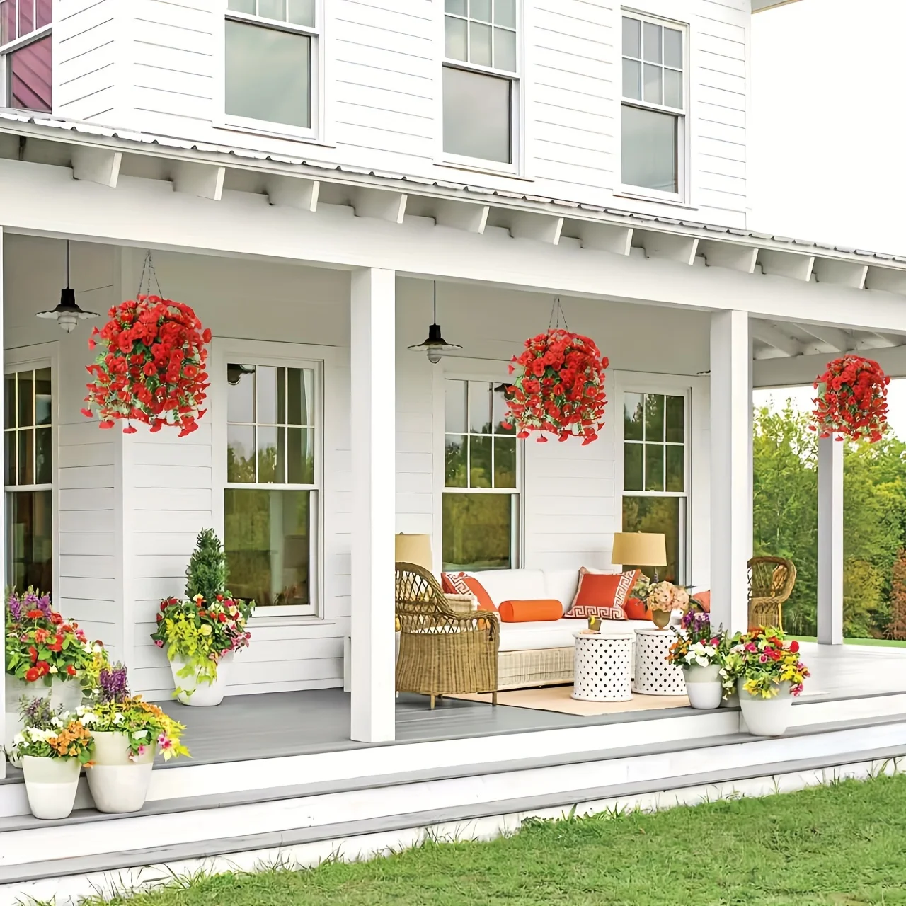 Decorazione da appendere con gloria mattutina artificiale e eucalipto, resistente ai raggi UV, 2 pezzi, perfetta per la casa, il giardino, le matrimoni |   Versatile per esterni