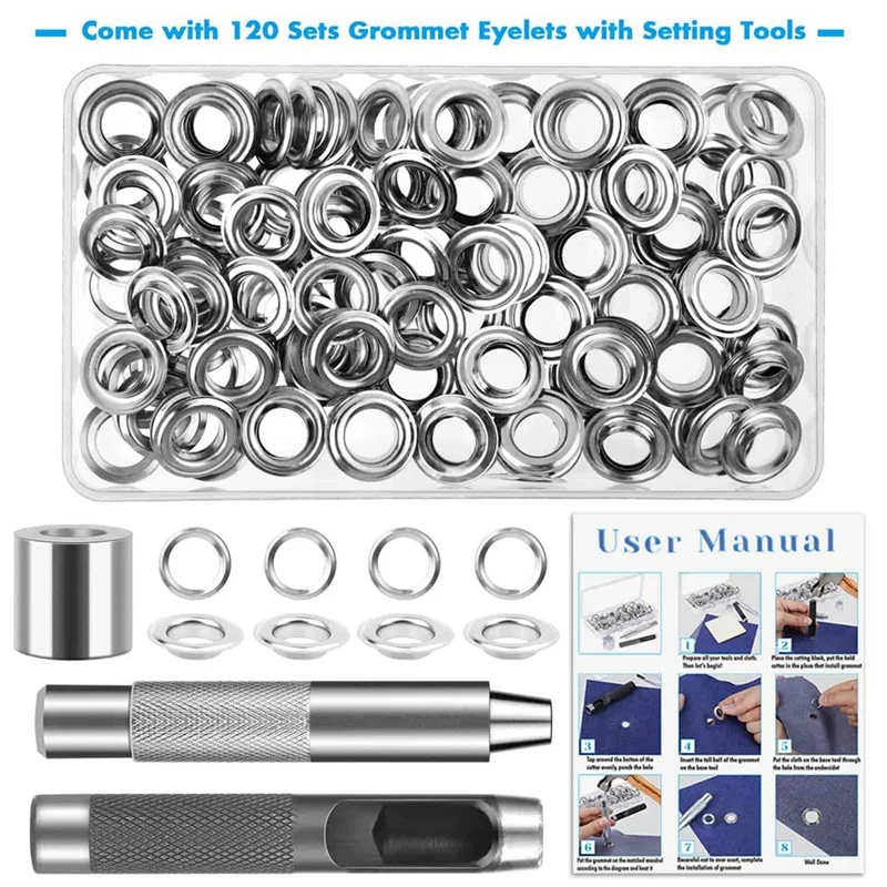 120 set Kit di attrezzi per occhielli con passacavo, Kit di occhielli occhielli da 1/2 pollici con strumenti e scatola di immagazzinaggio