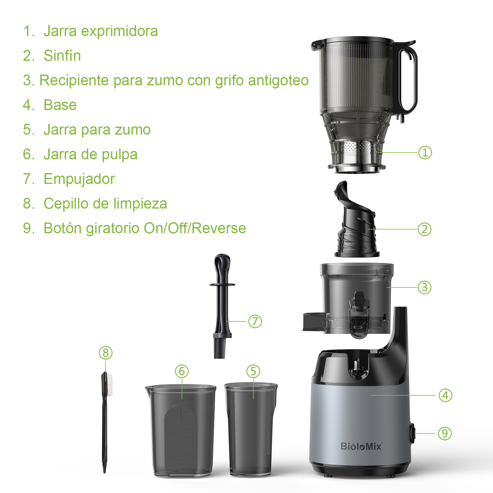 Exprimidor de prensa en frío BioloMix, con conducto de alimentación de 130 mm, apto para frutas y verduras enteras, alto rendimiento de jugo, exprimidor de masticación lenta sin BPA