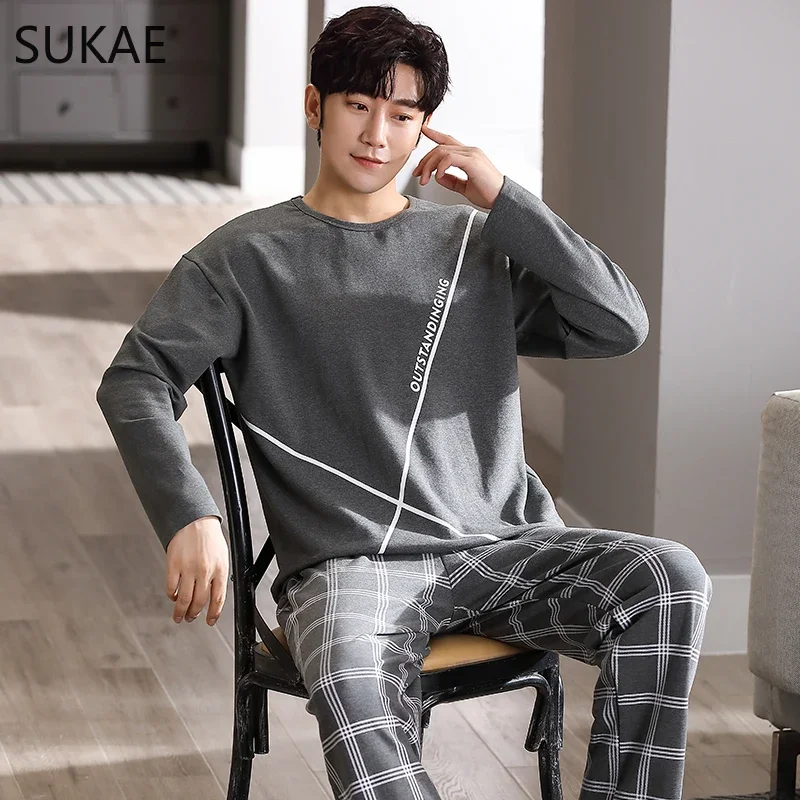 Sukae luxo marinho dos homens pijamas outono inverno novo algodão homem pijama mangas compridas homewear cavalheiro L-4XL grande pijama minimalista