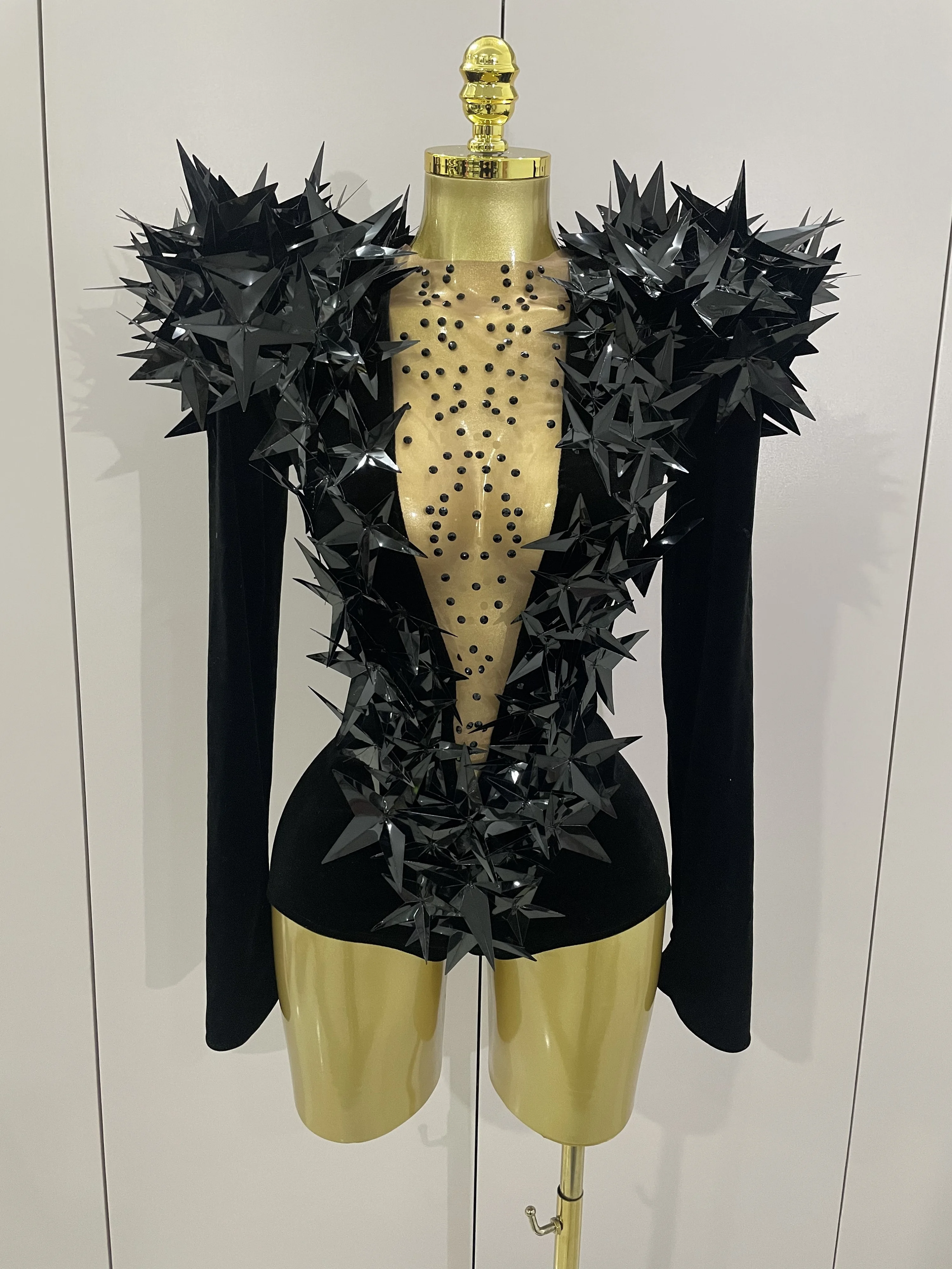 2025 neue Shiny Black Strass Samt Langarm Body Frauen Abend Party Club Gala Hosts Nachtclub Bar Bühne Kostüme