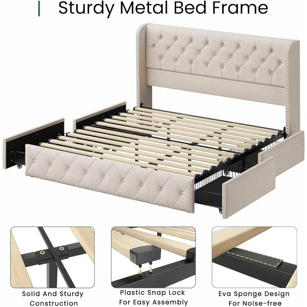 King Size Bed Frame with 4 Storage Drawers and Tufted Headboard Linen Upholstered Platform Bed Frame Wingback Beds with