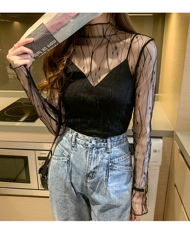 エレガントなレース Tシャツ女性のためのメッシュ長袖トップスホットセクシーな透明ハイネックブラックレース底シャツパンク Tシャツトップス