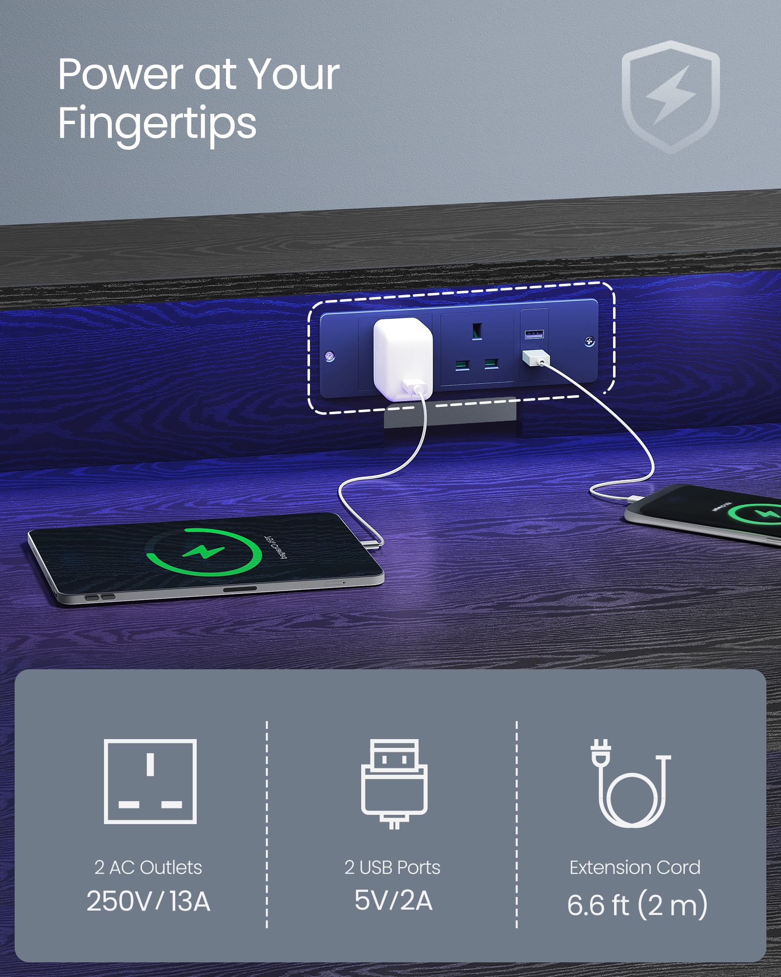 VASAGLE Gaming Desk with LED Lights and Built-In Power Outlets, Computer Desk with Monitor Shelf, Gaming Table