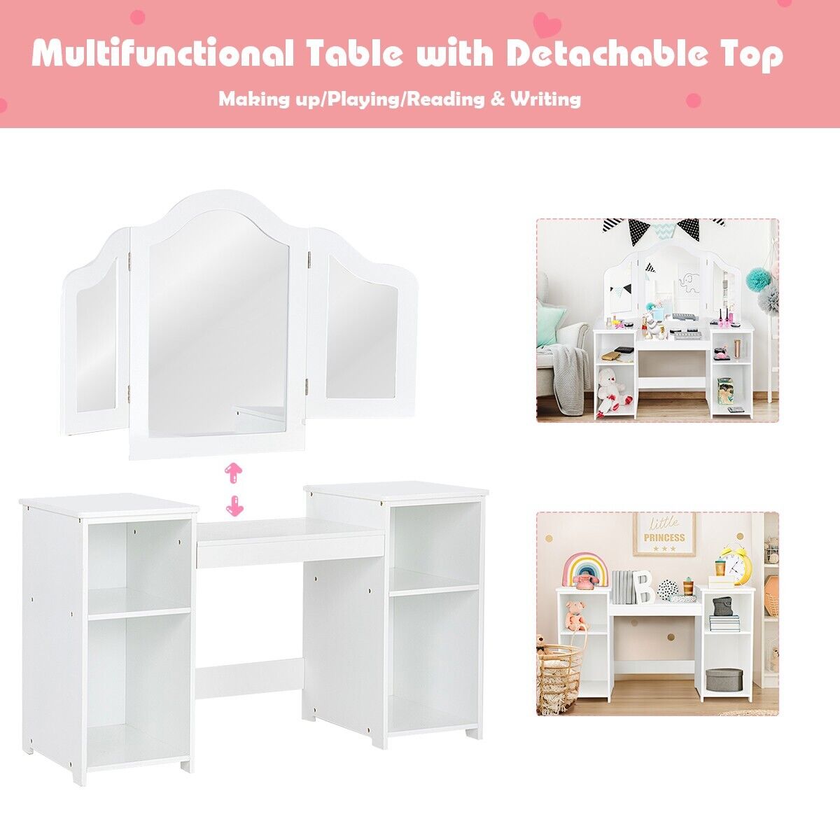 GOFLAME 2 In 1 Kids Vanity Table Children Dressing Table Set w/ Mirror & Storage Shelves