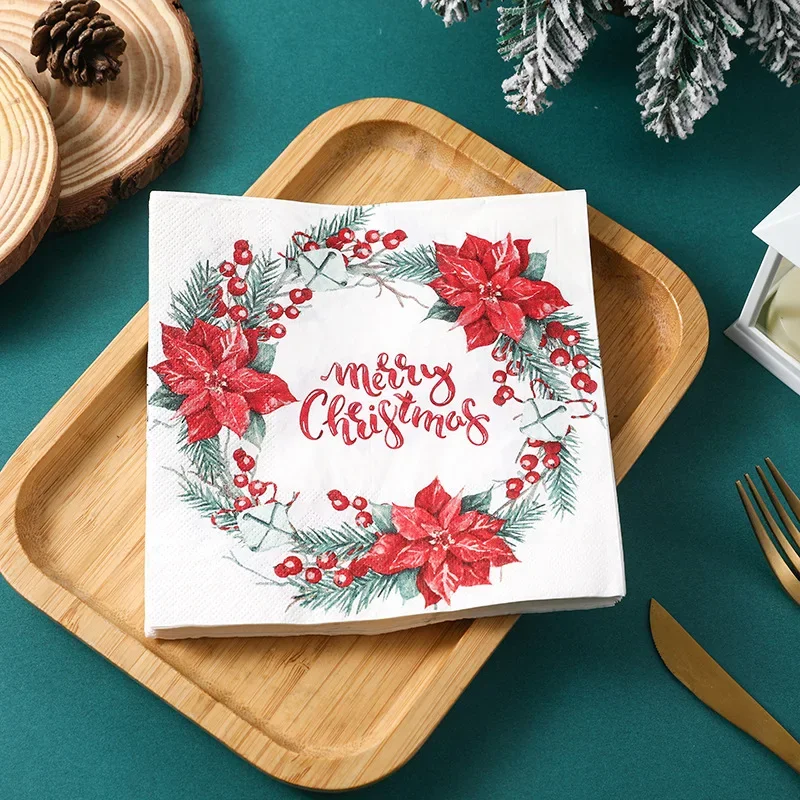 20pcs Christmas Collection Napkins Christmas Flowers Wreaths Colourful Printed Paper Placemats Butterfly Bone Bart Paper