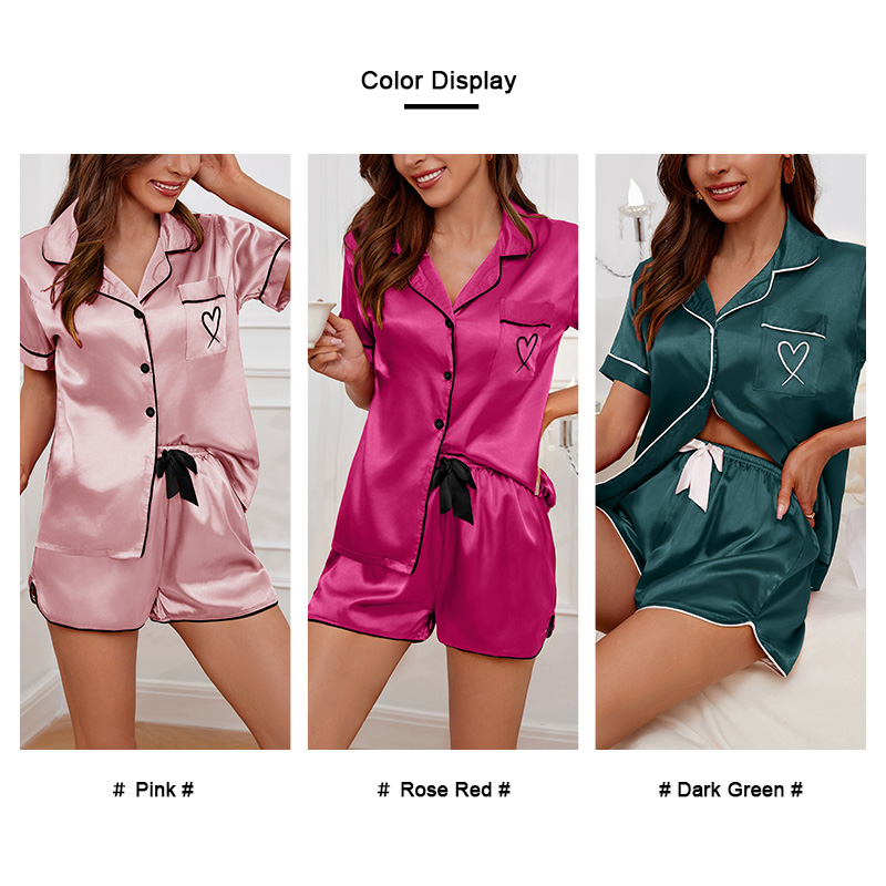 Damen-Pyjama-Lounge-Set, herzbestickte Tasche, gepatcht, Nachtwäsche, Button-Down-Kurzarm-Top und Shorts, Pyjama-Hauskleidung