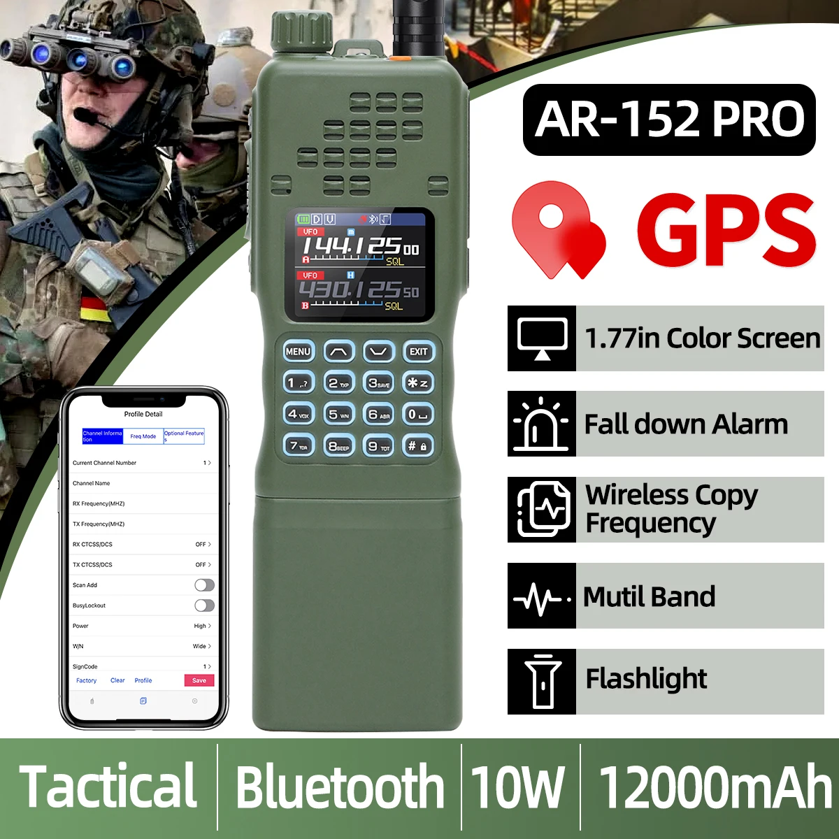 BAOFENG Tactical AR-152 PRO GPS Walkie Talkie Bluetooth-Programmierung Multi Band 12000 mAh Tri-Power-Amateurfunk mit großer Reichweite
