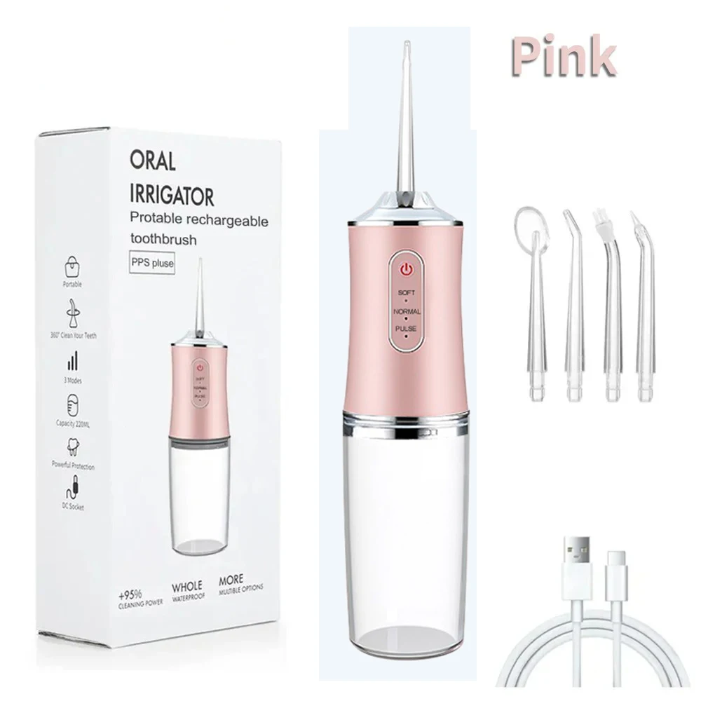 Munddusche Tragbare Dental Wasser Flosser USB Aufladbare Wasser Jet Zahnseide Zahnstocher 4 Jet Spitze 200 ml 3 Modus Massage zahnfleisch