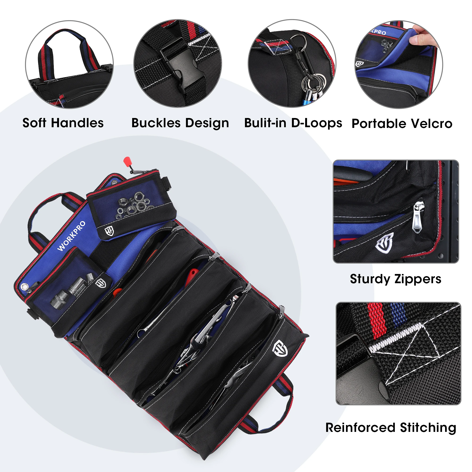 Bolsa de herramientas enrollable WORKPRO con 6 bolsillos, organizador de herramientas multiusos resistente con bolsas de herramientas desmontables para reparación de automóviles