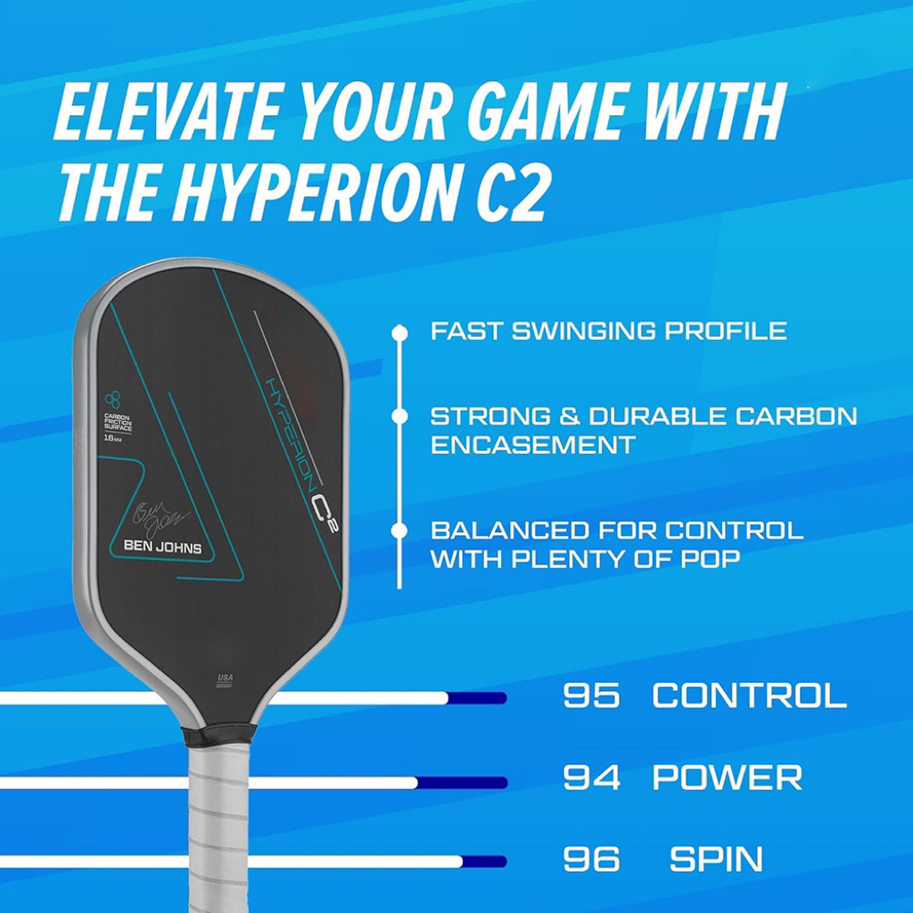 BEN JOHNS Hyperion C2 T700 คาร์บอนไฟเบอร์ Pickleball Paddle แรงเสียดทาน Surface16mm Polymer Power Core Enhanced Power & Spin & Control