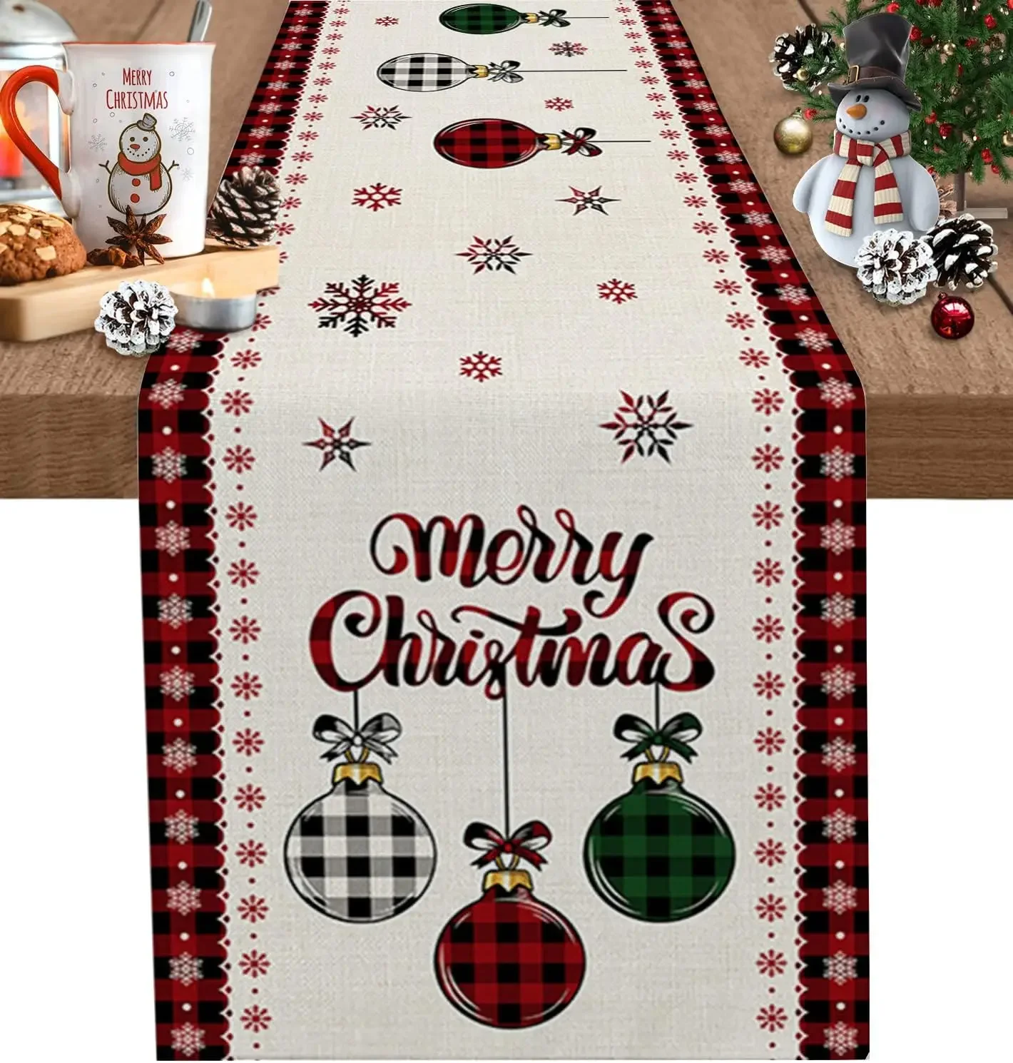 Caminos de mesa de lino con bola de árbol de Feliz Navidad, decoración para fiestas navideñas, mesa de comedor reutilizable, decoraciones navideñas para bodas Runenrs
